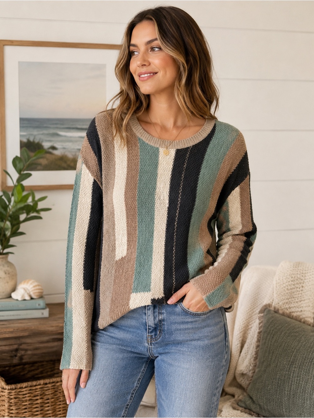 BKE Womens Large Striped Knit Sweater Cotton Blend Crew Neck Boho Casual